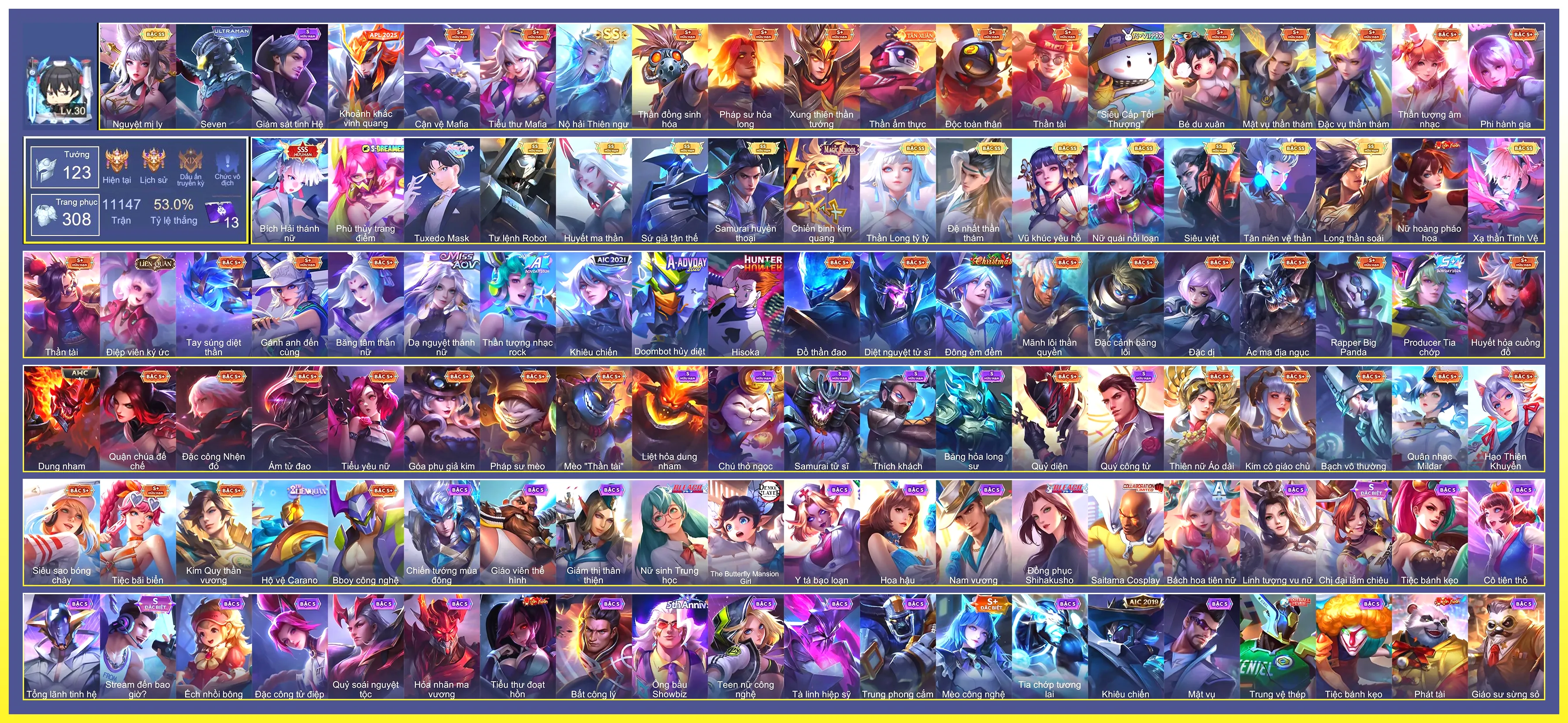 Bích hải thánh nữ,Valhein Đệ nhất thần thám, Liliana Nguyệt mị ly, Tulen Tân niên vệ thần, Violet Huyết Ma Thần, Violet Thần long tỷ tỷ, TelAnnas Vũ khúc yêu hồ, Lữ Bố Tư lệnh Robot, Murad Siêu việt, Butterfly Nữ Quái Nổi Loạn, Elsu Sứ giả tận thế, Ilumia Nộ hải Thiên ngư, Ryoma Samurai Huyền thoại, Yorn Long thần soái, Laville Xạ Thần Tinh Vệ…